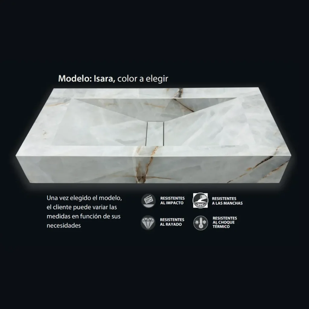 Lavabo en piedra sinterizada modelo Isara fabricado a medida para baños modernos y personalizados