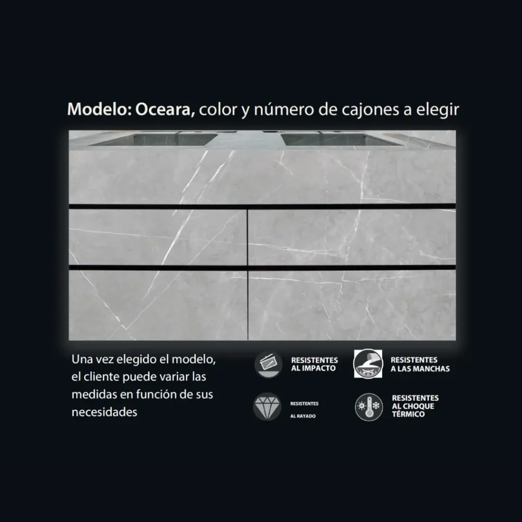 Mueble de baño en piedra sinterizada modelo Oceara fabricado a medida con acabado personalizable