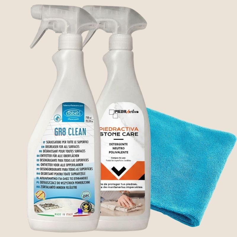 Kit limpieza completo con GR8 CLEAN, PIEDRACTIVA STONE CARE y paño de microfibra para piedra sinterizada y superficies porcelánicas