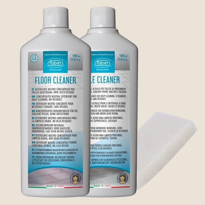 Kit limpieza con TILE CLEANER, FLOOR CLEANER y estropajo blanco