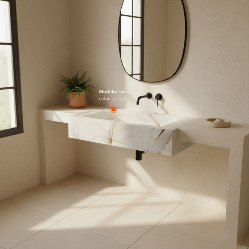 Lavabo en piedra sinterizada modelo Isara fabricado a medida para baños modernos y personalizados